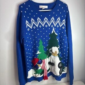 Jolly Sweaters Blue Penguin Snowman Beer Ugly Christmas Sweater L/G